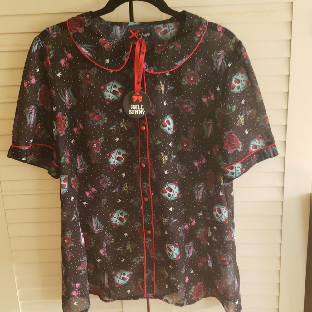 Hell Bunny Sheer Rockabilly Work Blouse Shirt New
